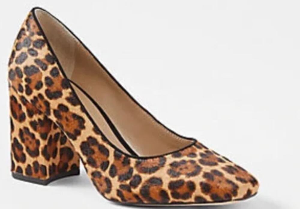 ANN TAYLOR brown black cheetah print calf hair pointed block heel pumps shoes